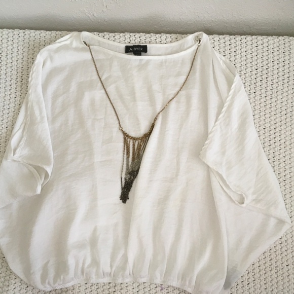 A. BYER WHITE GOLD HANGING NECKLACE, COLD SHOULDER WHITE  BLOUSE SIZE SMALL - Picture 5 of 6